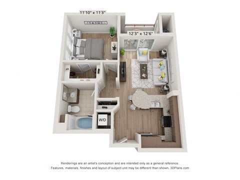 Floor plan for 1 bed, 1 bath, 640 sqft